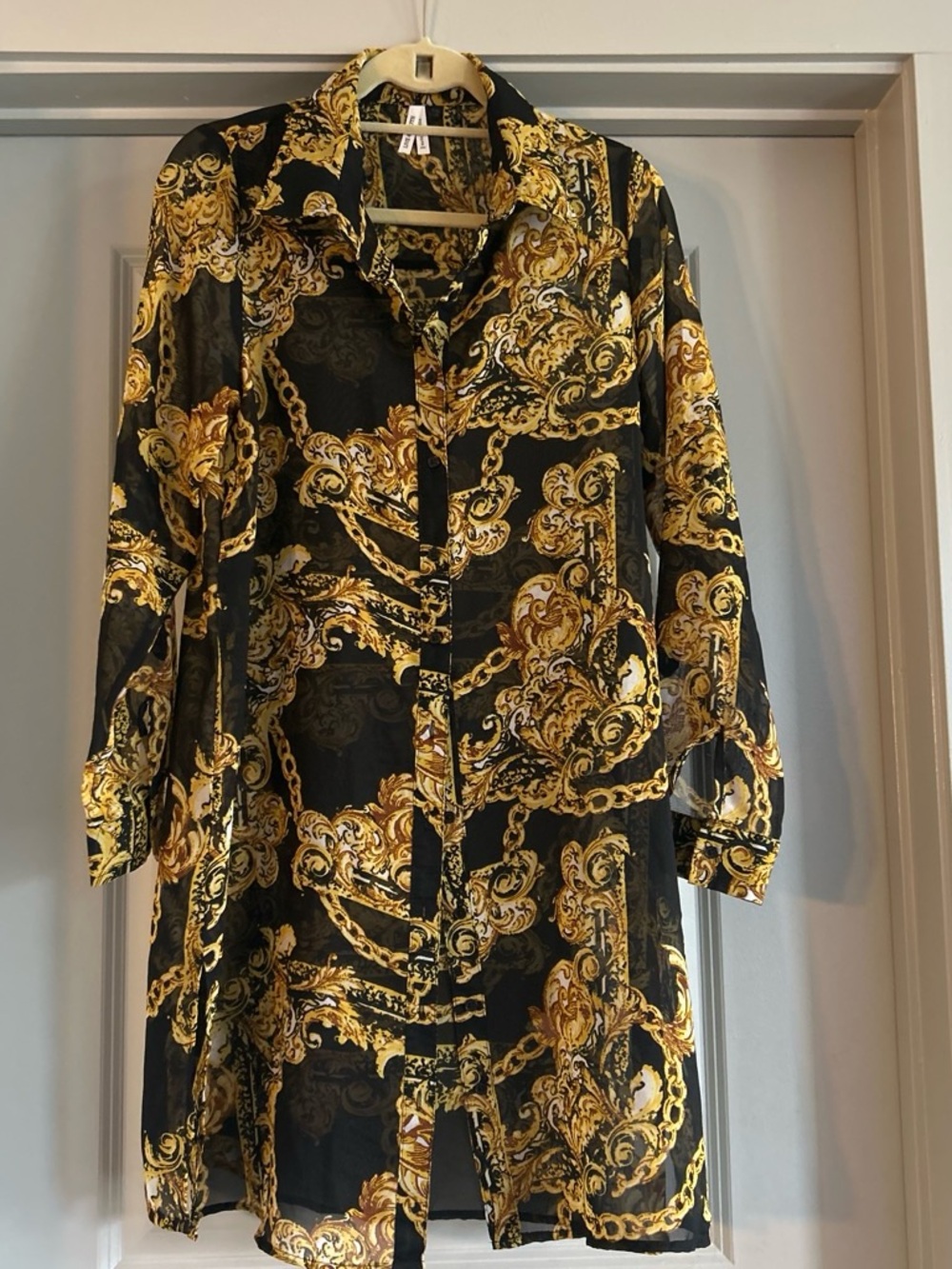 Live 4 Truth Black and Gold Baroque Sheer Button-Front Dress
